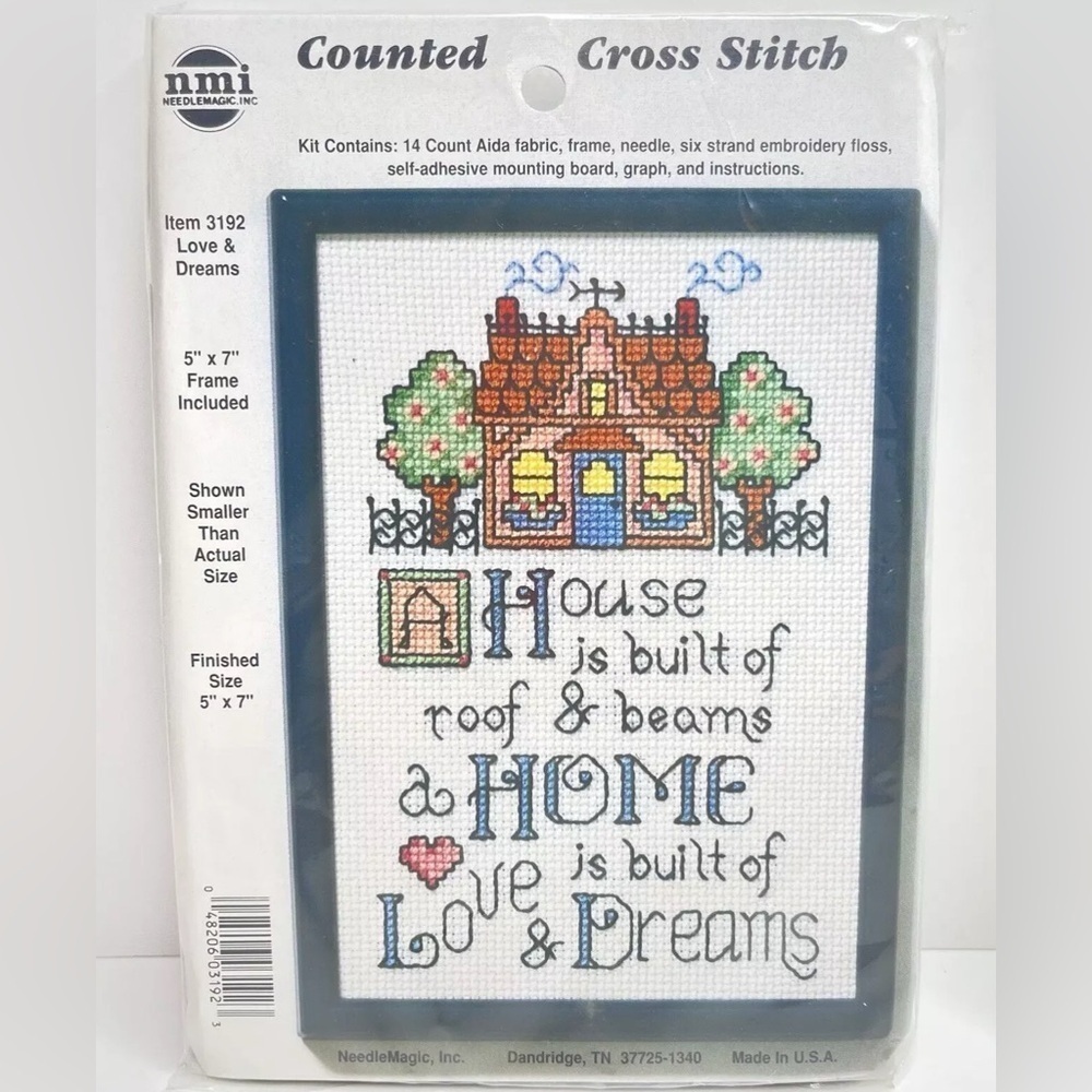 Vintage Counted Cross Stitch Kit With Frame Love & Dreams #3192 5x7” Guided DIY